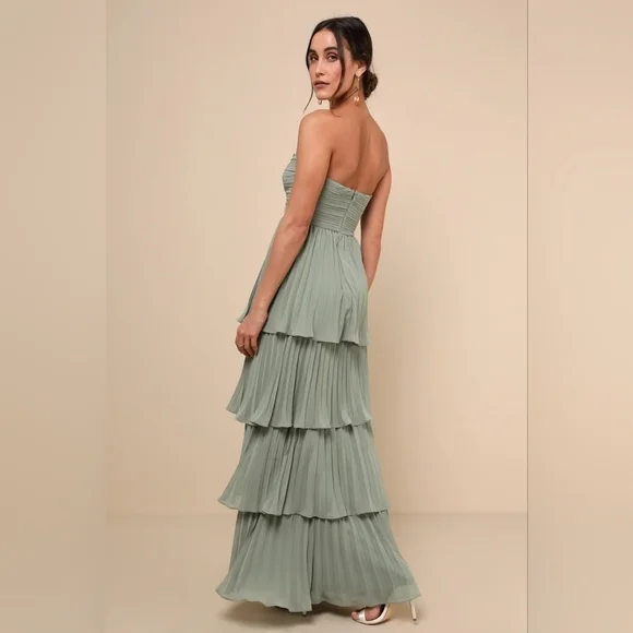 Lulus Seriously Sensational Sage Brush Strapless Tiered Maxi Dress Wedding Prom - Picture 5 of 8